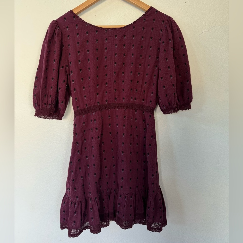 LOVESHACKFANCY Lena Burgundy Puff Sleeve Dress with Bow Detail Spice Small - Picture 5 of 10